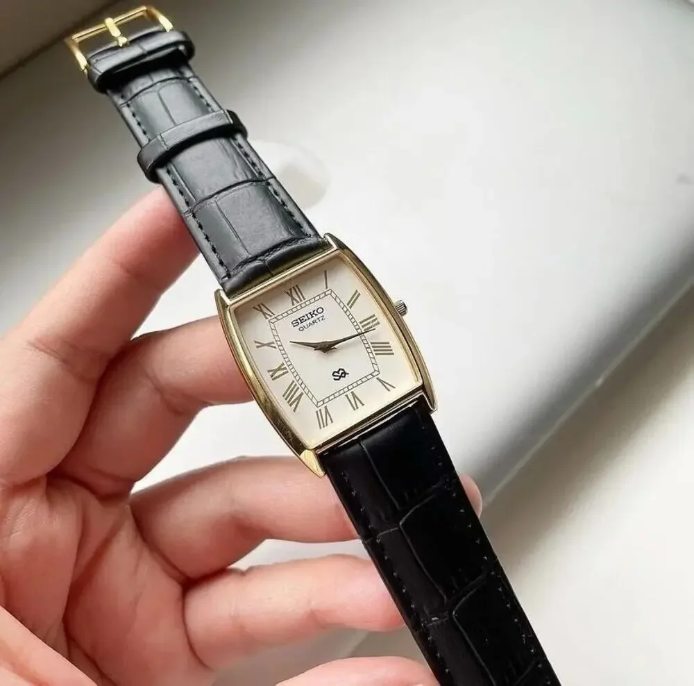Vintage Style Seiko Quartz Mens Gold Watch & White accents W/ Leather Strap